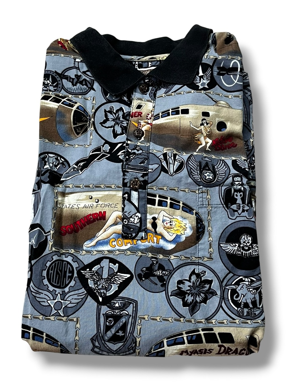 KALAHEO Popover Hawaiian Shirt Mens XL Pin Up Girls USAF Planes Bombers Vintage